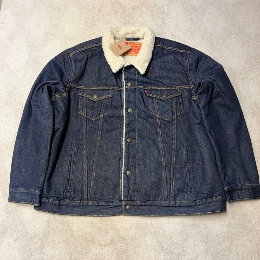 NWT Levi's Trucker Jacket Sherpa Lined Dark Blue Denim Type 3 Mens XXL 2XL